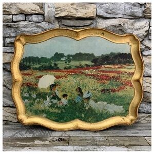 #23 Vtg In The Fields Giuseppe De Nittis Italian Florentine Gilt Tray Sezzatini